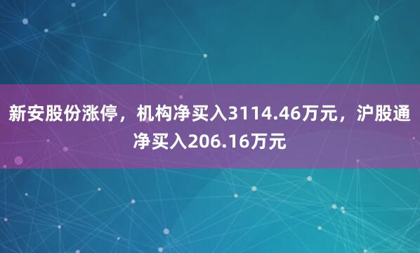 新安股份涨停，机构净买入3114.46万元，沪股通净买入206.16万元