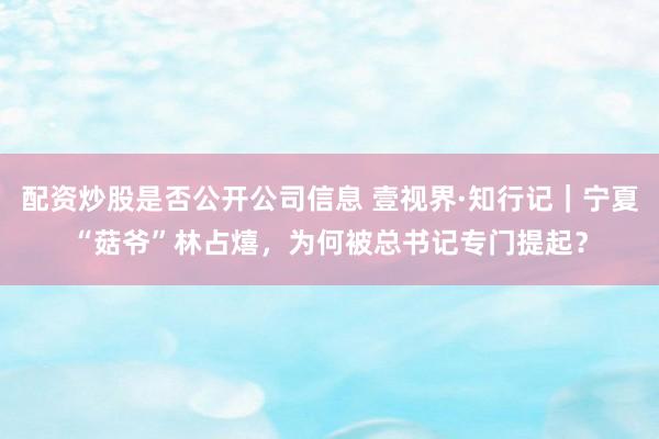 配资炒股是否公开公司信息 壹视界·知行记｜宁夏“菇爷”林占熺，为何被总书记专门提起？